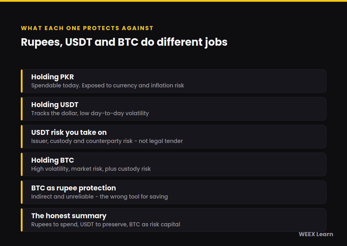 Holding PKR versus USDT versus BTC in Pakistan and what each one protects against