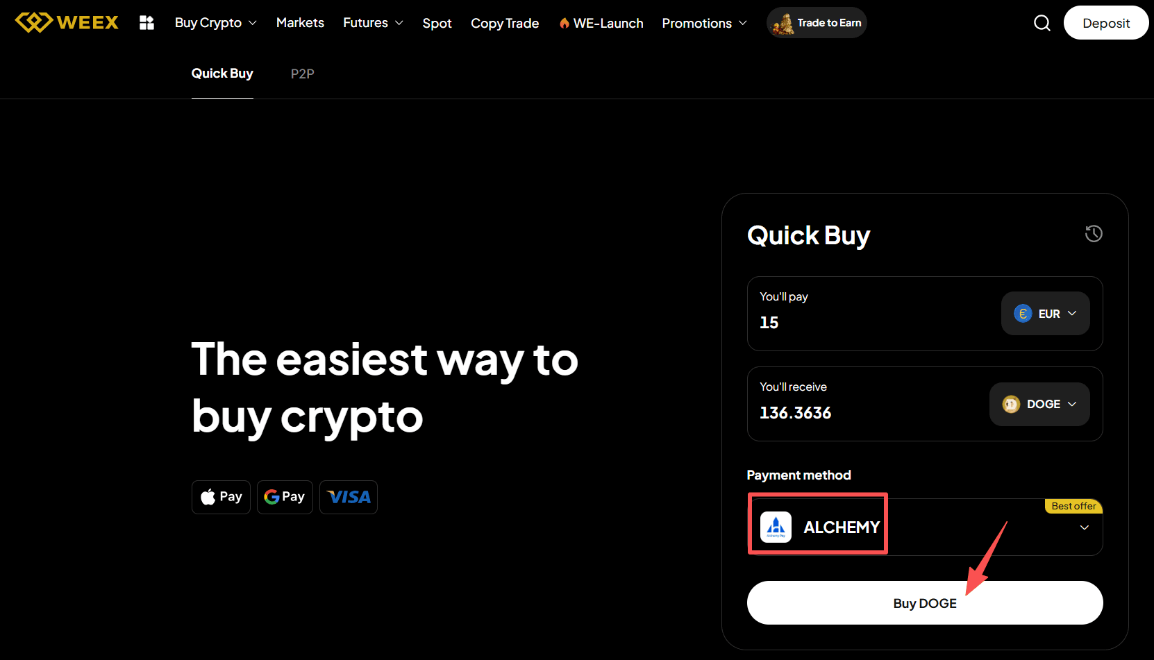 Step3:How to Buy DOGE with EUR on WEEX？Web Version