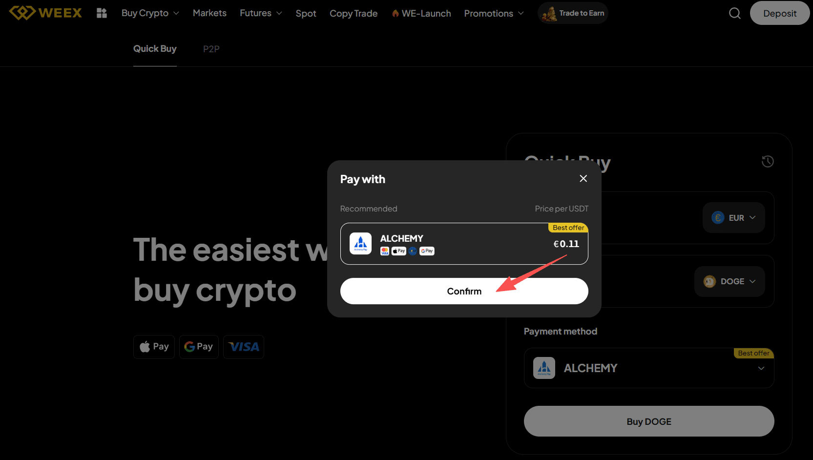 Step2:How to Buy DOGE with EUR on WEEX？Web Version