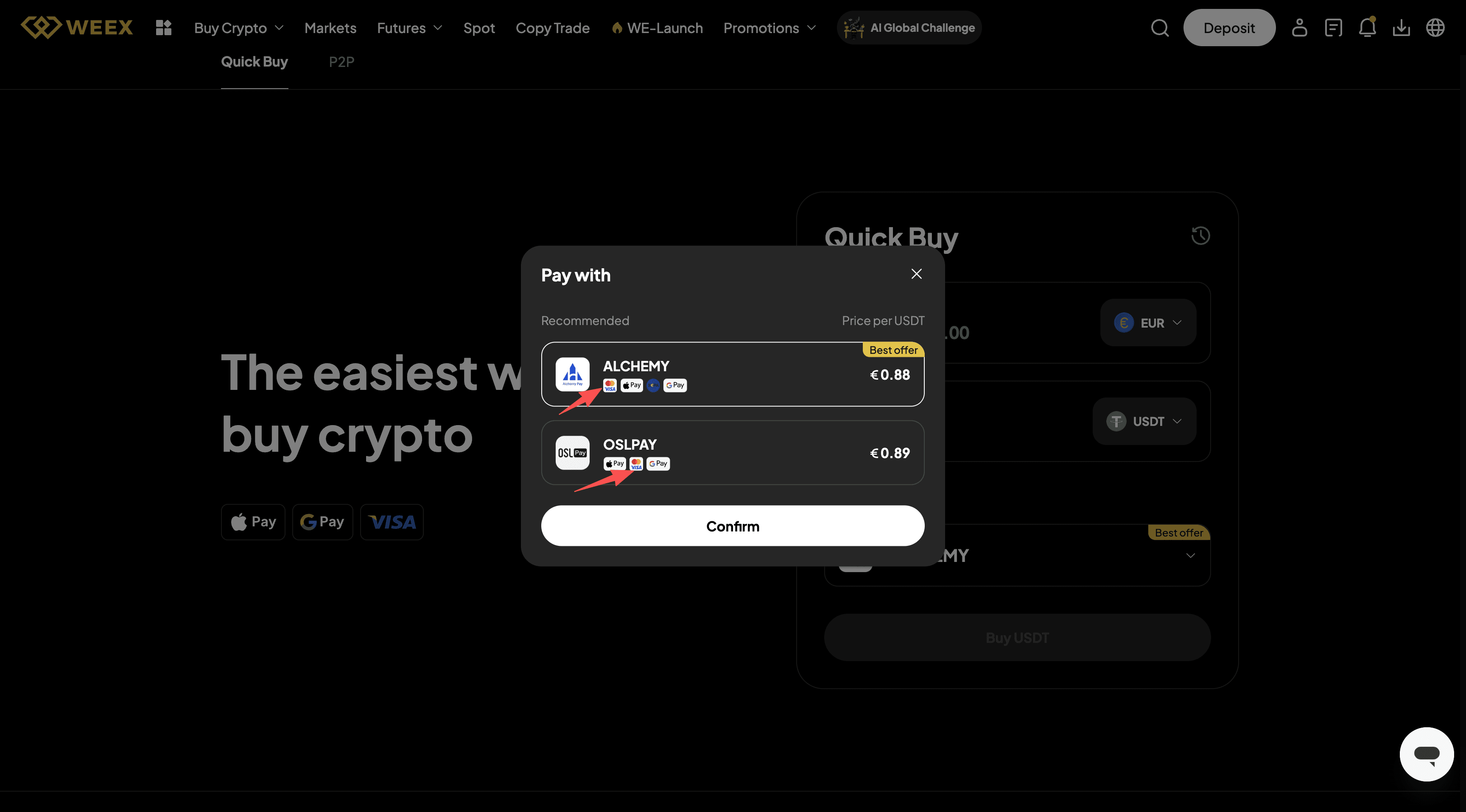 How to Buy crypto with Credit card on WEEX OTC-Web Version-Step2