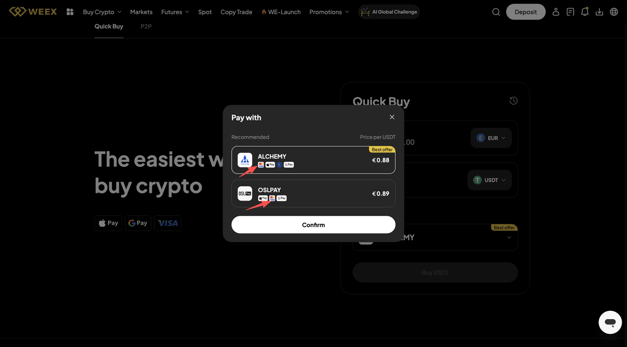 How to Buy USDT with Credit card on WEEX OTC-Web Version-Step2